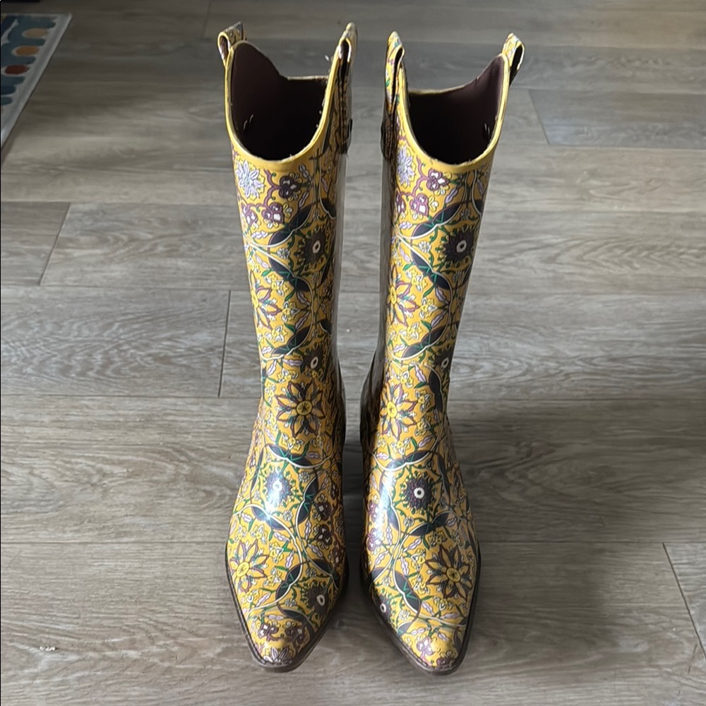 Cowboy Rain Boots - Yellow and Purple Heeled Boots with Intricate Patterns